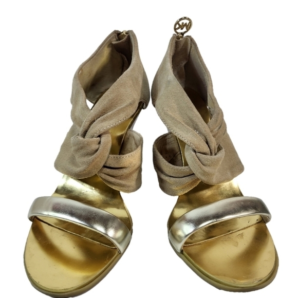 Michael Kors Shoes - Michael Kors Gold & Beige Leather Heels
